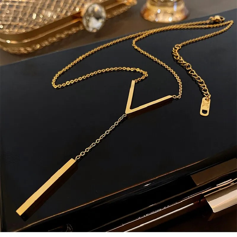Gold V-Shape Bar Tassel Collarbone Necklace | Stainless Steel Pendant Necklace Nixie