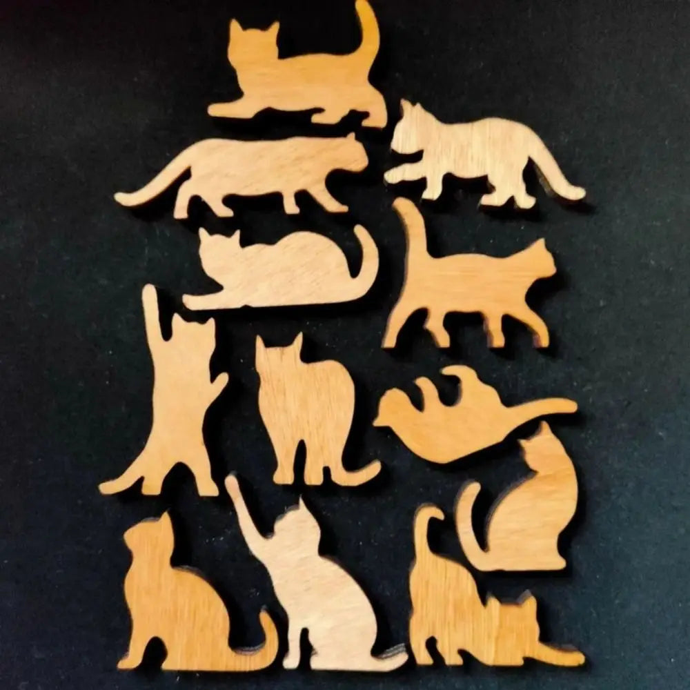 Wooden Stacking Cat Figurines – 12 Pcs Mini Desk Ornament Set