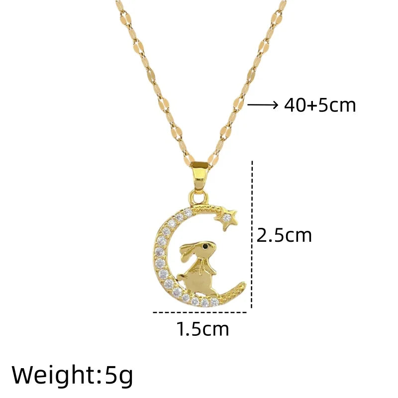 Moon Rabbit Pendant Choker Necklace | Gold Stainless Steel Pendant Choker Necklace Nixie XL2606-801