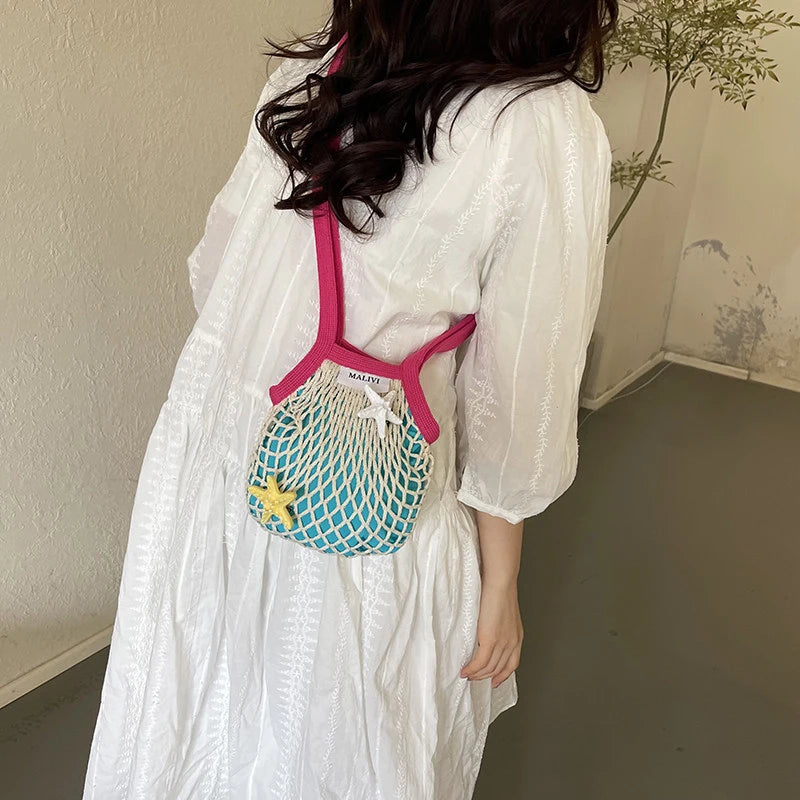 Women's Hollow Woven Mesh Bucket Bag – Large Crossbody Woven Mesh Handbag Nixie