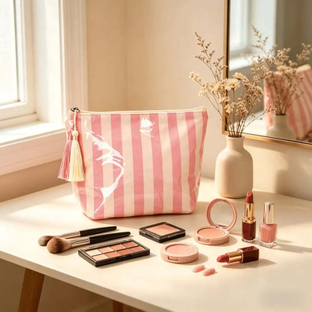 Glossy PVC Striped Cosmetic Bag Zip Makeup Organizer Travel Pouch Cosmetic Travel Bag Nixie