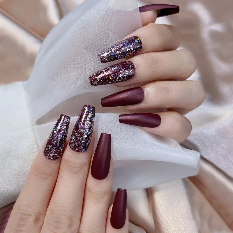 Wine Red Glitter Press-On Nails Crystal Finish L Size – 24 Pcs Press-On Nail Tips Nixie