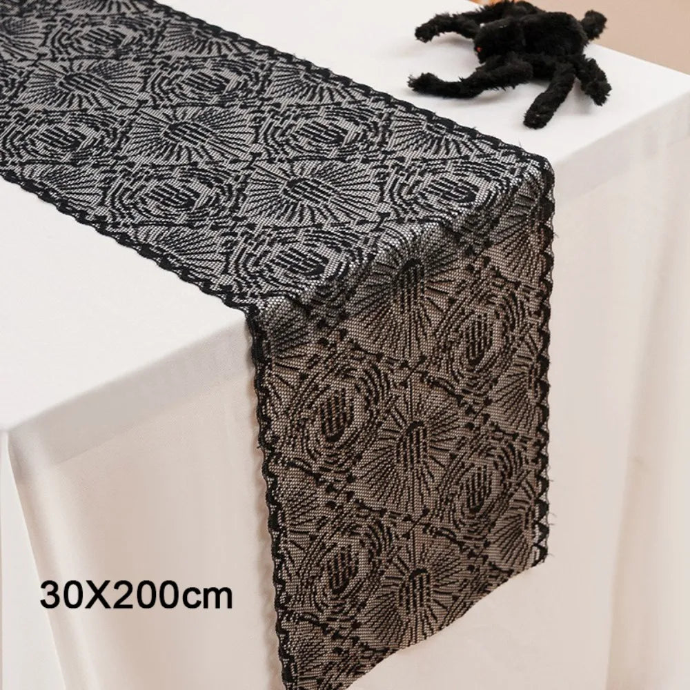 Black Halloween Lace Table Runner – Gothic Spider Web Cobweb Halloween Table Runner Nixie 30-200cm Style 1