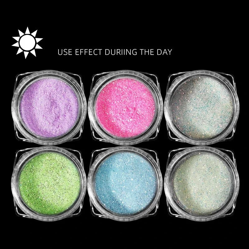 6-Color Glow Nail Glitter Powder Set – Sparkling DIY Manicure Nail Glitter Powder Nixie