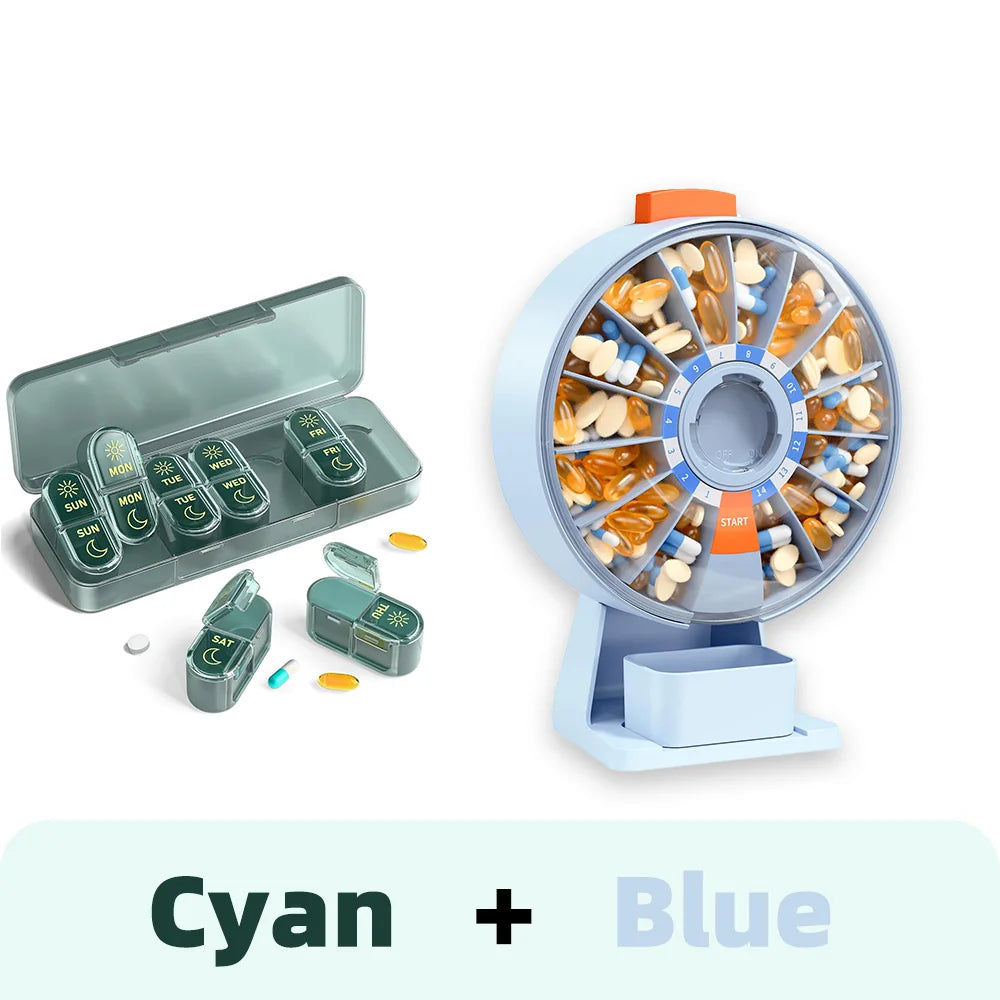 14-Day & 7-Day Pill Organizer Set – Home & Travel Case Pill Organizer Set Nixie Cyan-Blue