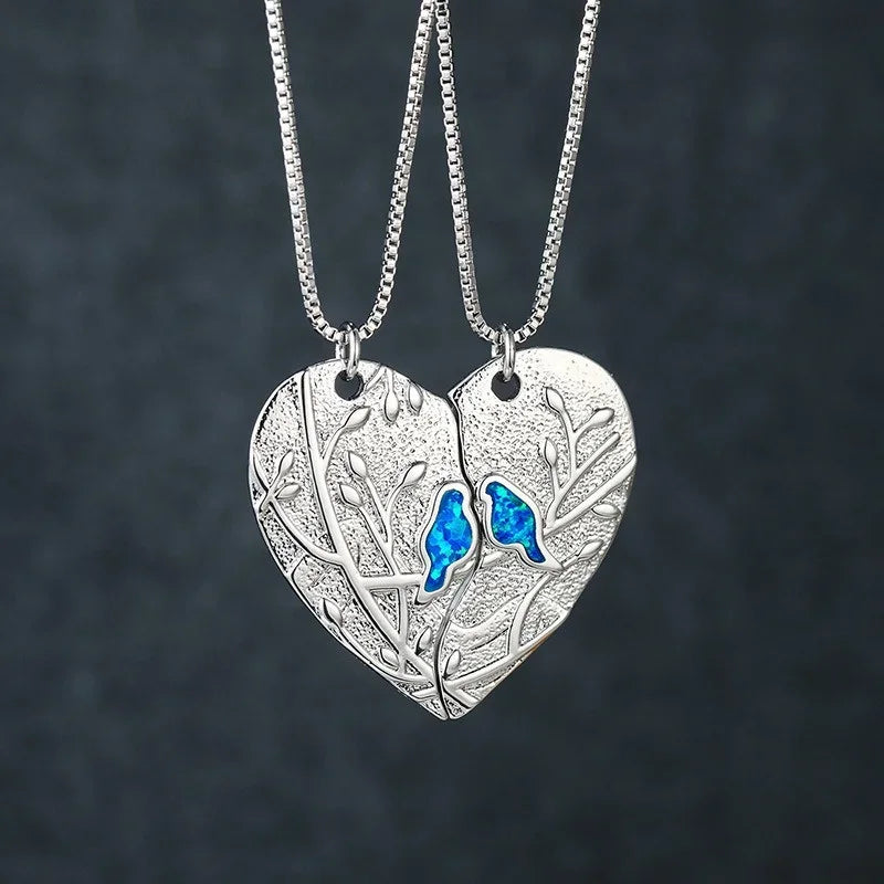 Silver Love Heart Puzzle Bird Opal Pendant Necklace | Wedding Pendant Necklace Nixie