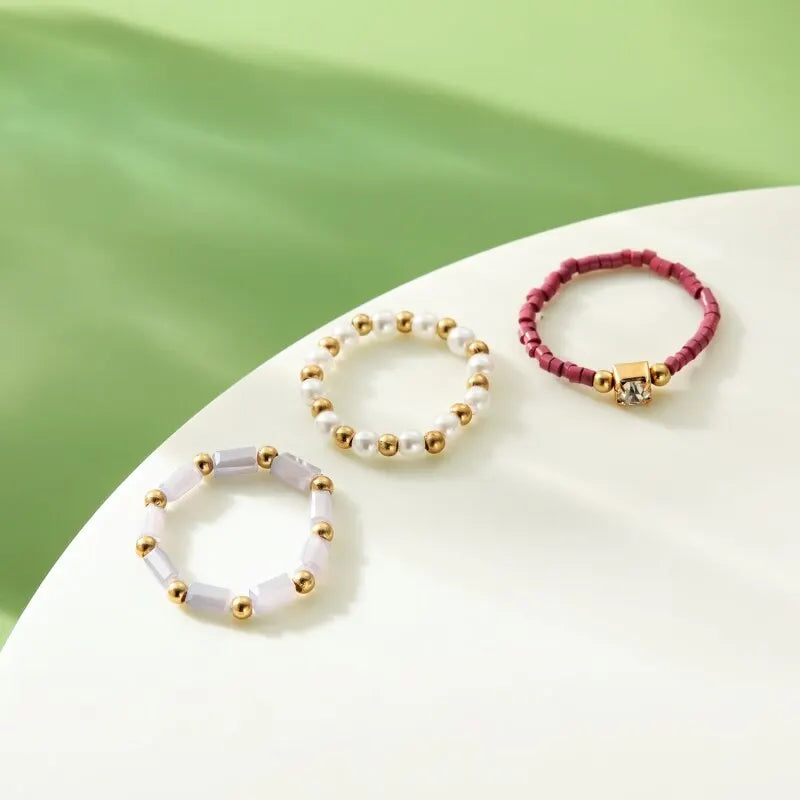 3pcs Bohemian Pearl Rings Set – Beaded Party Jewelry for Women