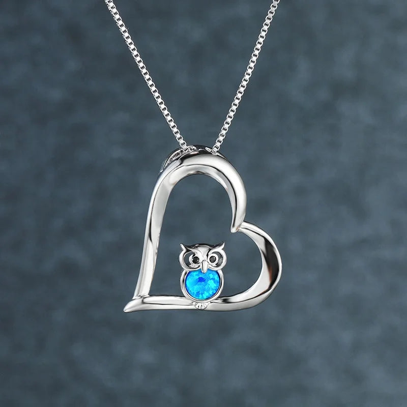 Owl Heart Pendant Necklace | Blue Opal Crystal Mood Tracker Pendant Necklace Nixie