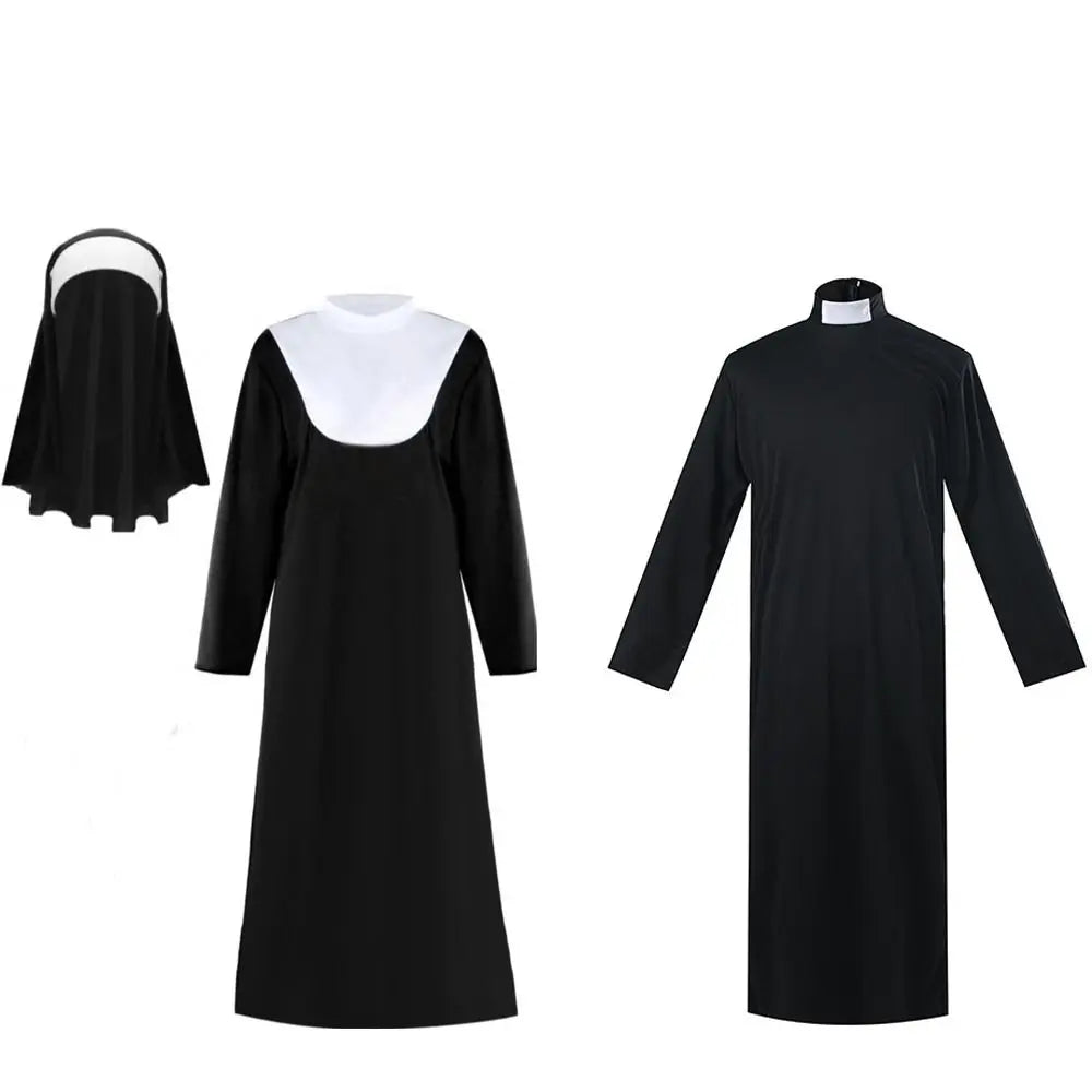 Adult Priest & Nun Cosplay Costume – Unisex Black Robe Set Cosplay Costume Set Nixie