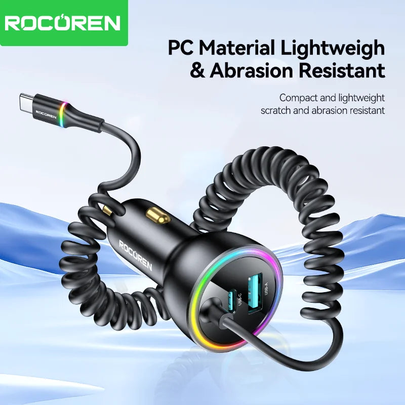 Rocoren 70W USB Car Charger PD 35W Fast Charge + Spring Cable