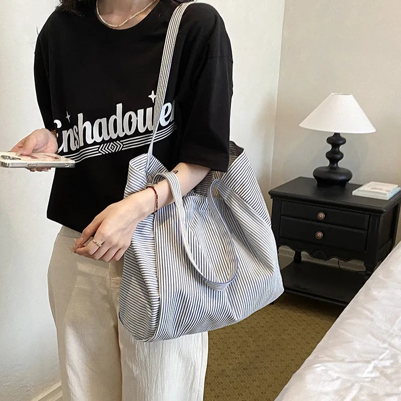 Women's Striped Canvas Tote Bag – Large Shoulder Bag Canvas Tote Bag Nixie Blue