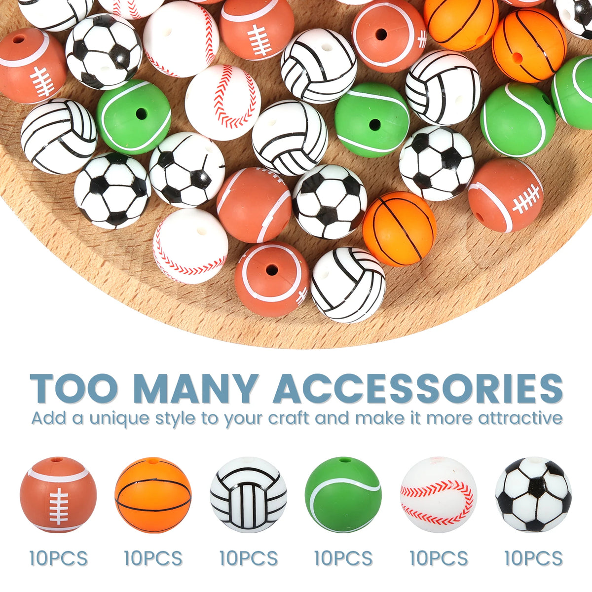 60Pcs Silicone Sports Ball Beads 15mm Bulk DIY Craft Set DIY Craft Beads Nixie