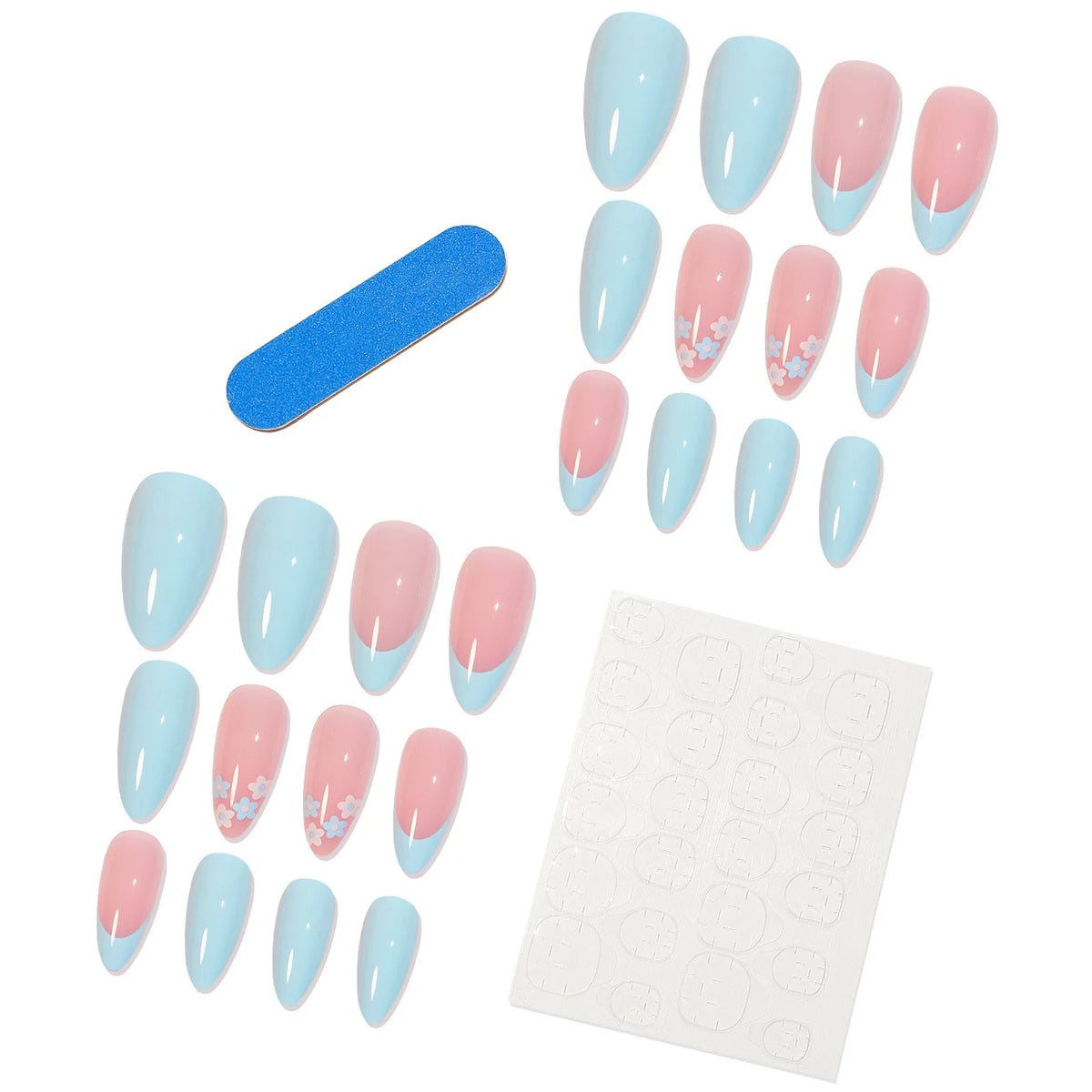 Almond False Nails L – Nude Floral Rhinestone Tips 24pcs | Nixie