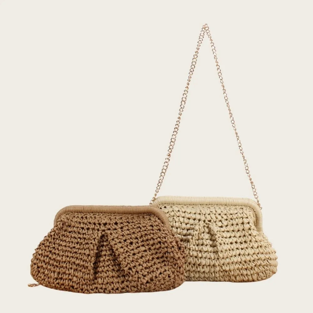 Large Straw Woven Shoulder Bag with Chain Strap | Boho Tote Straw Shoulder Bag Nixie