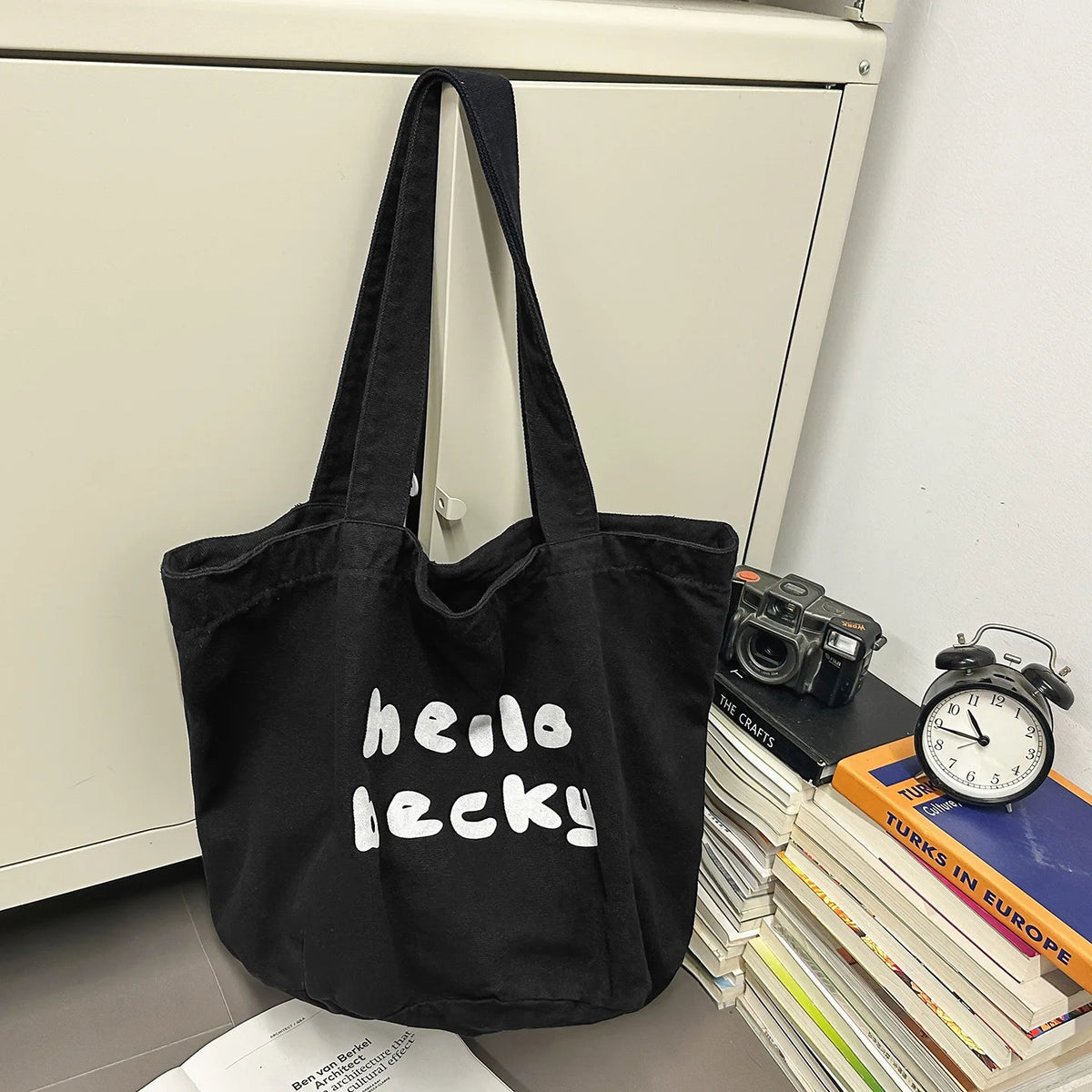 Vintage Washed Canvas Tote Bag – Large Women's Shoulder Bag Canvas Shoulder Tote Nixie BB-679-Black Extra Large