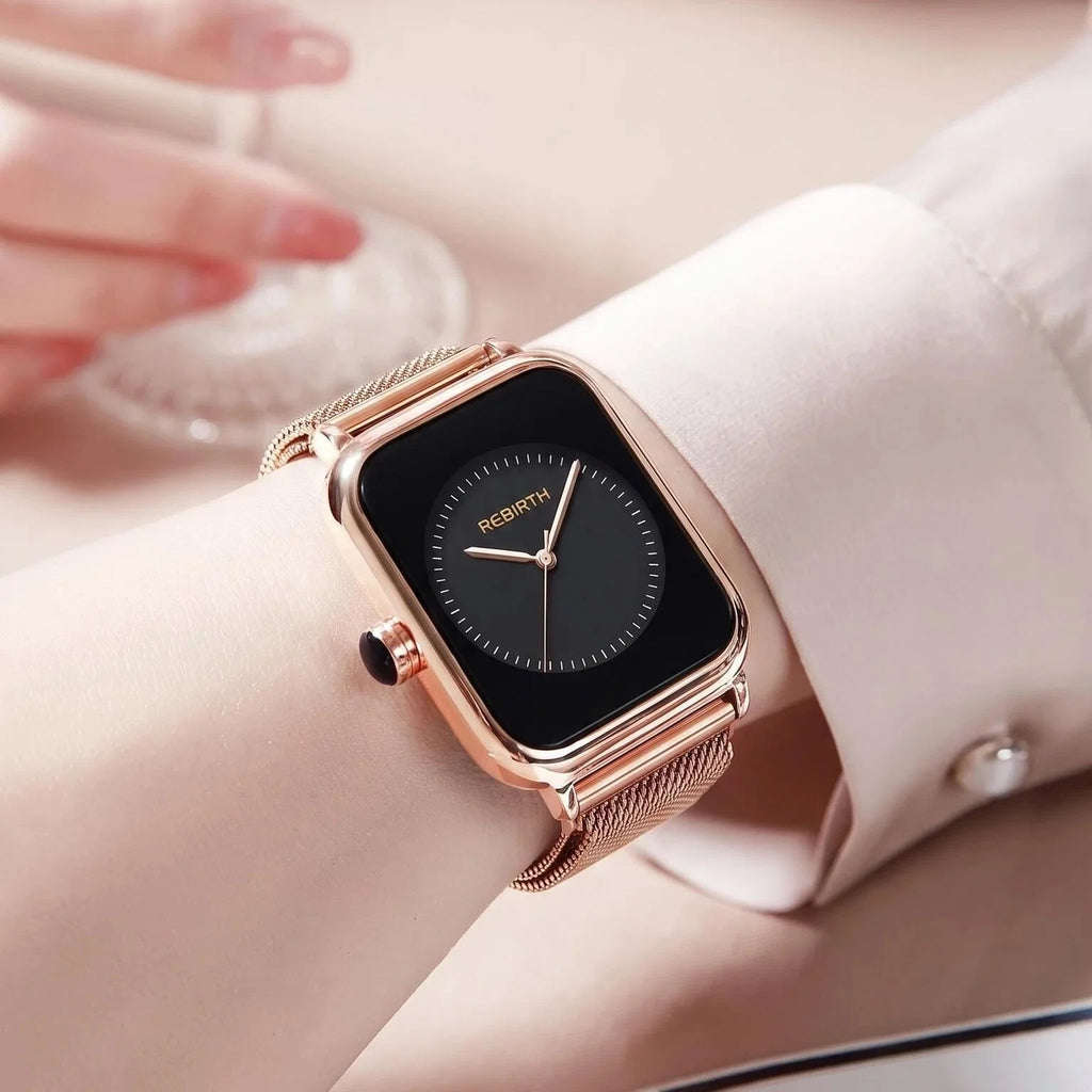 REBIRTH Rose Gold Square Women's Watch – Black Dial Quartz Women's Quartz Watch Nixie