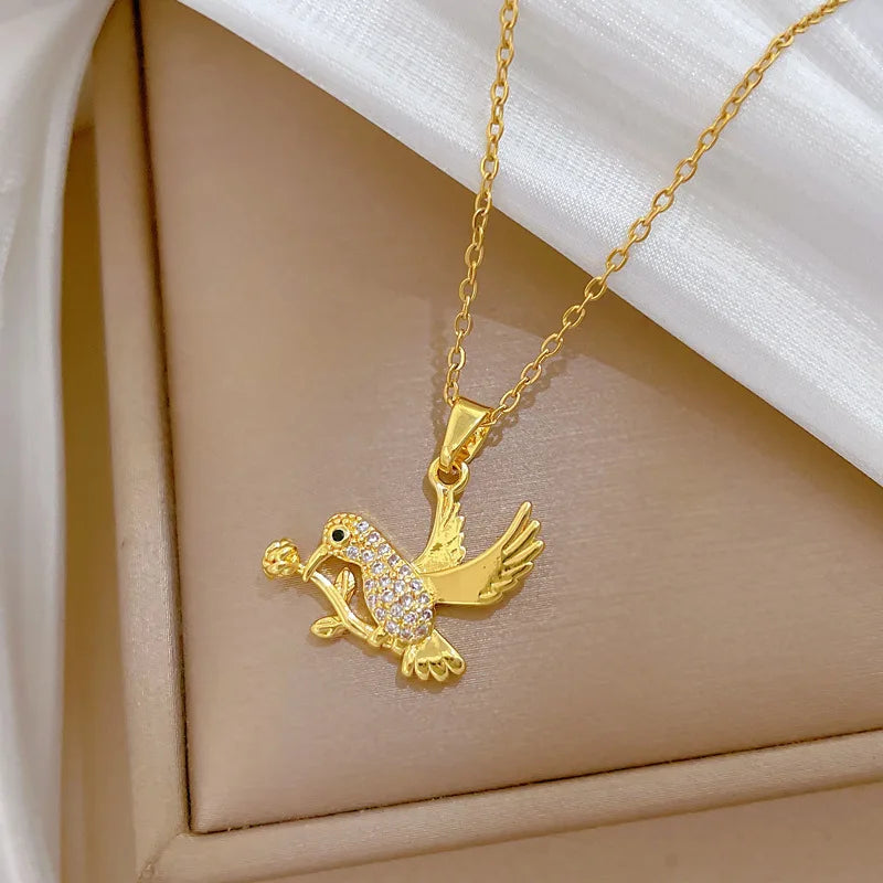 Women's Rose Crane Pendant Necklace – Gold Stainless Steel Pendant Necklace Nixie