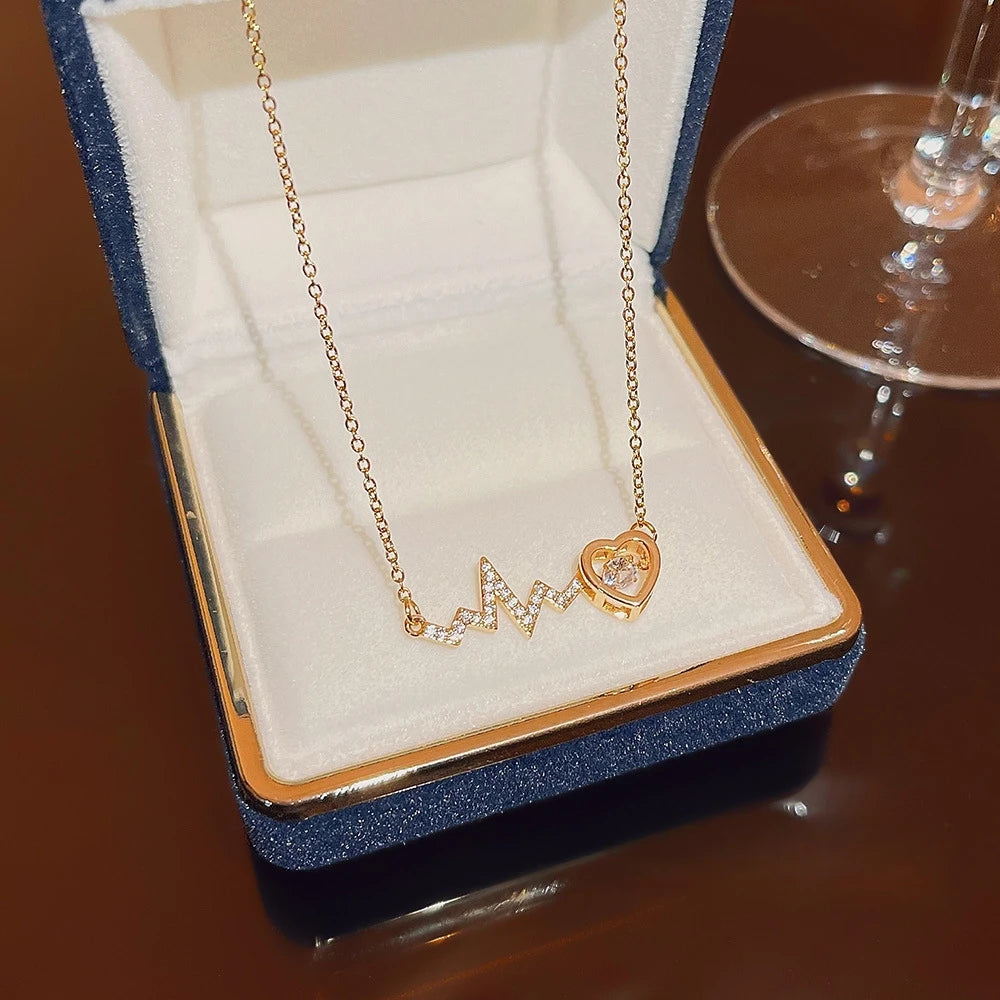 Heart ECG Copper Pendant Necklace | Stainless Steel Clavicle Chain Pendant Necklace Nixie