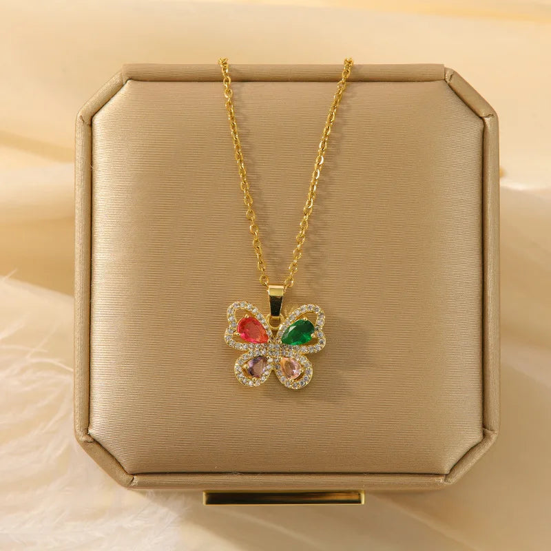 Zircon Butterfly Pendant Necklace Women | Gold Stainless Steel Pendant Necklace Nixie XL1470-08 40cm