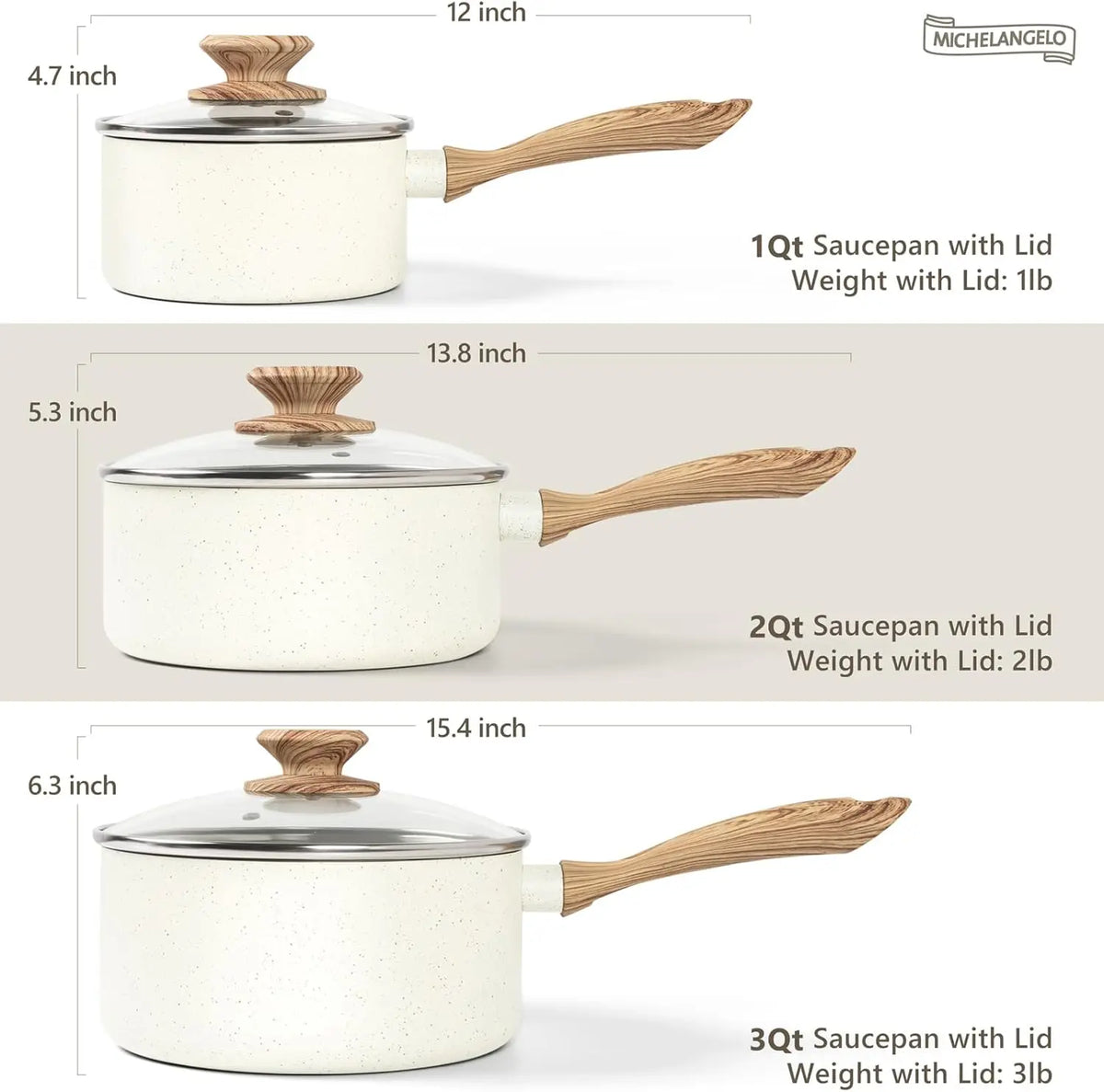 MICHELANGELO 3-Piece Granite Non-Stick Saucepan Set with Lids