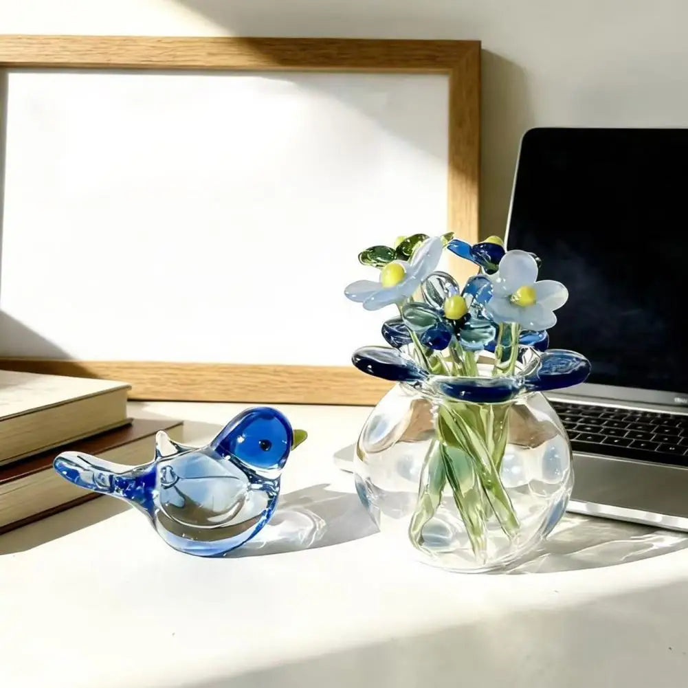 Mini Faux Crystal Flower Figurine Glass Bouquet Bee Bird Décor Glass Flower Figurine Nixie
