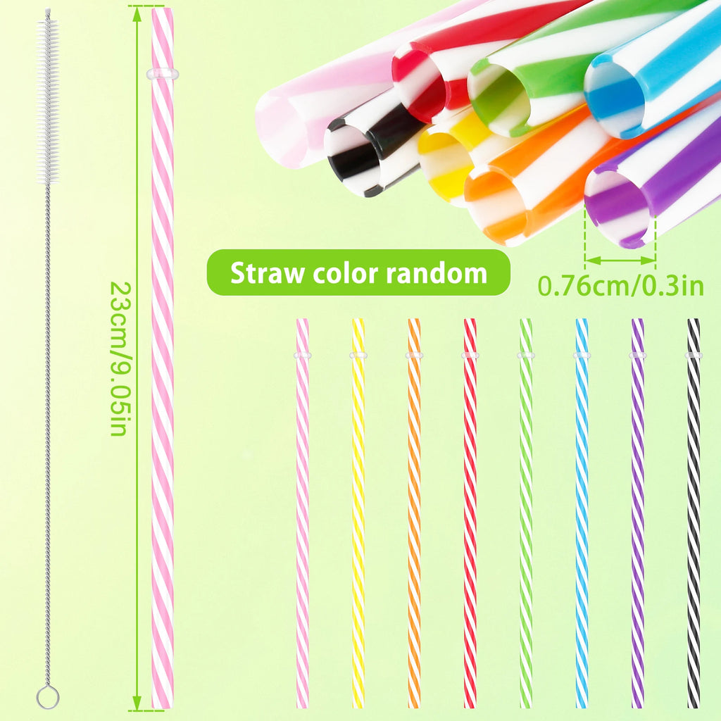 24Pcs Reusable Candy-Striped Plastic Drinking Straws + Brush