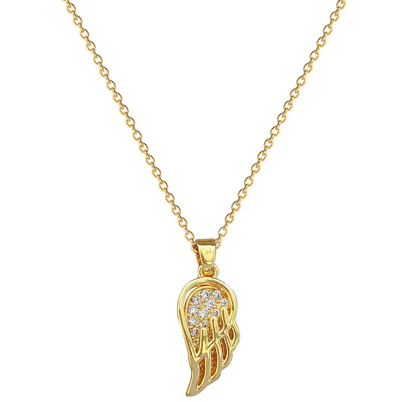 Hollow Wing Feather Zircon Pendant Necklace | Women's Gold Chain Pendant Necklace Nixie