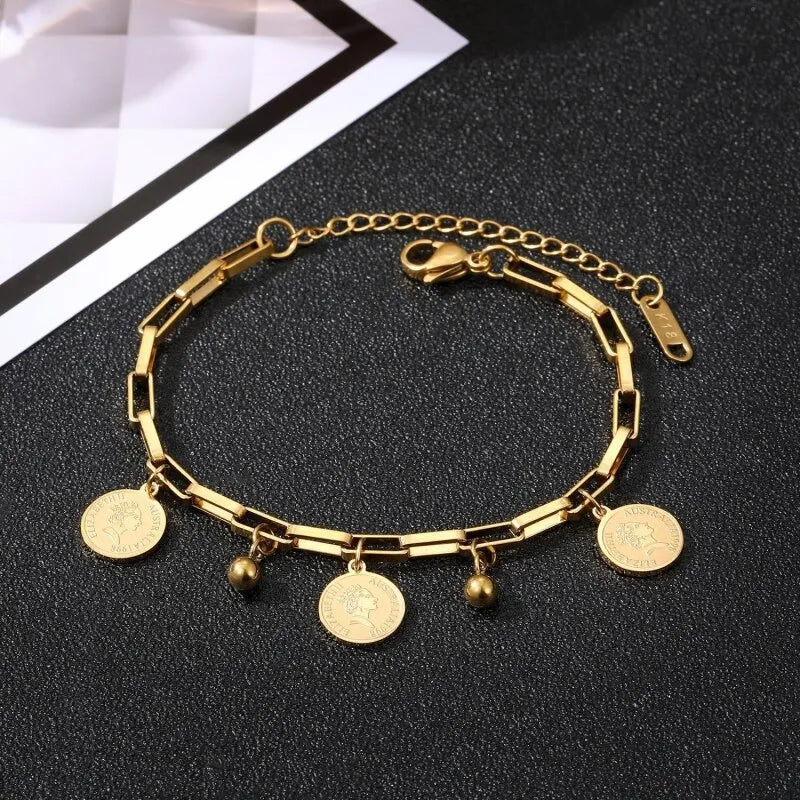 Gold-Tone Hip Hop Stainless Steel Chain Bracelet with Pendant Chain Link Bracelet Nixie