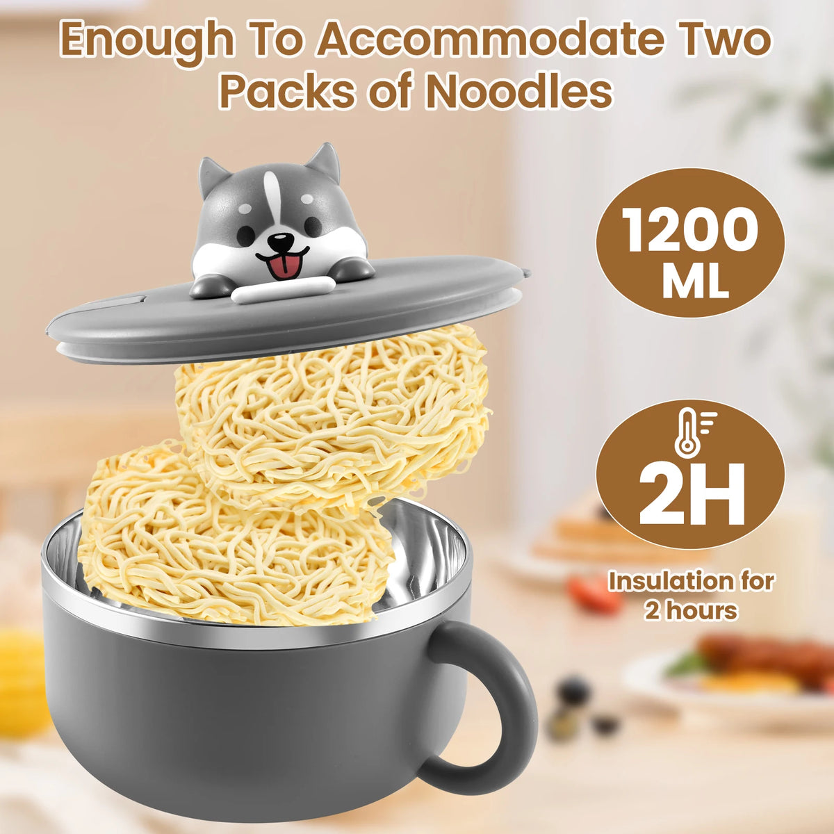 1200ml Stainless Steel Ramen Bowl with Lid, Spoon & Fork Insulated Ramen Bowl Nixie