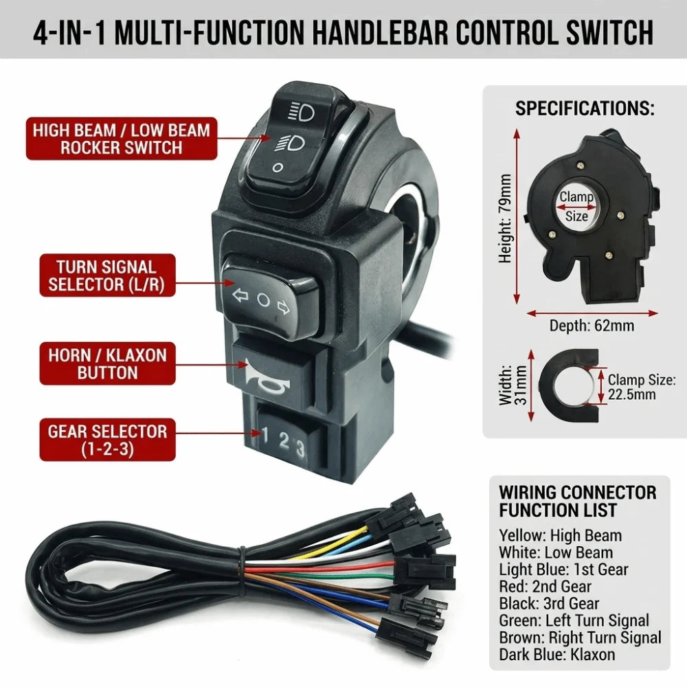 4-in-1 E-Bike Handlebar Switch – Horn, Turn Signal & Headlight Handlebar Control Switch Nixie