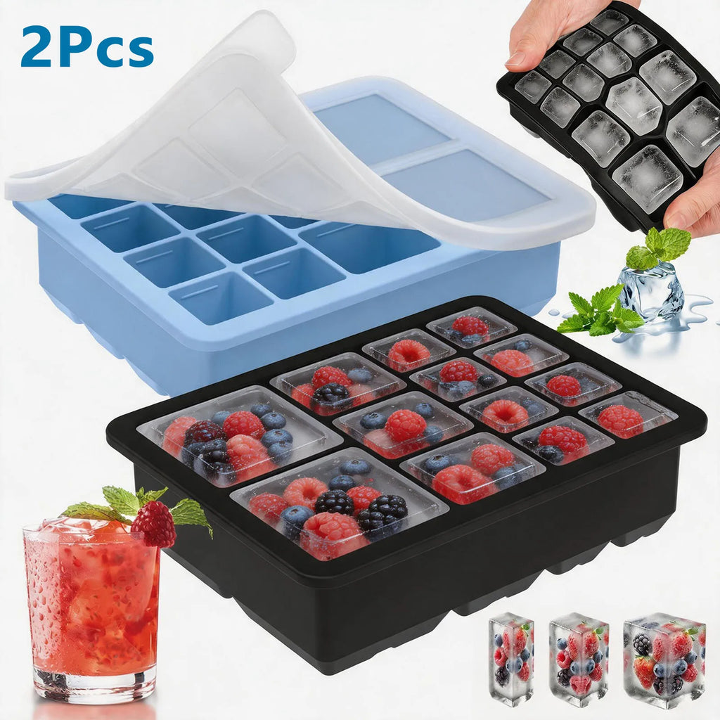 13-Grid Silicone Ice Cube Tray 2-Pack with Lid – Multi-Size Silicone Ice Cube Tray Nixie