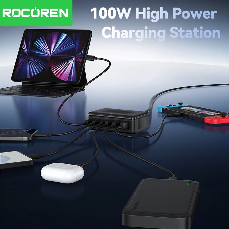 Rocoren 100W GaN Charger 6-Port Desktop Fast Charging Station GaN Desktop Charger Nixie