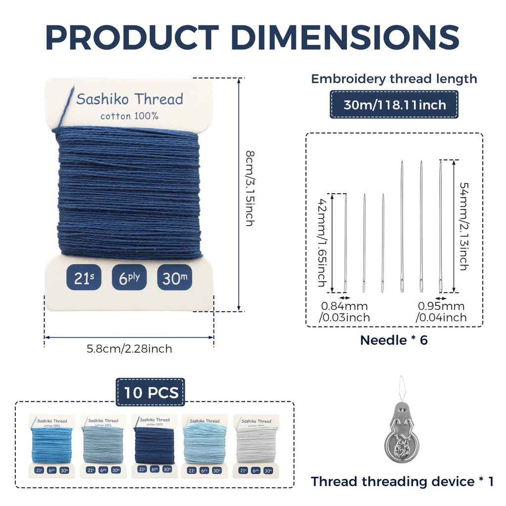 Sashiko Thread & Needle Kit – 300m Pure Cotton Embroidery Set Embroidery Thread Kit Nixie
