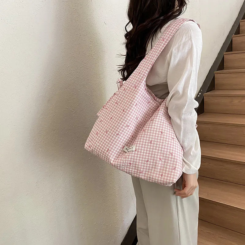 Korean Polka Dot Plaid Canvas Shoulder Bag – Large Capacity Canvas Shoulder Bag Nixie