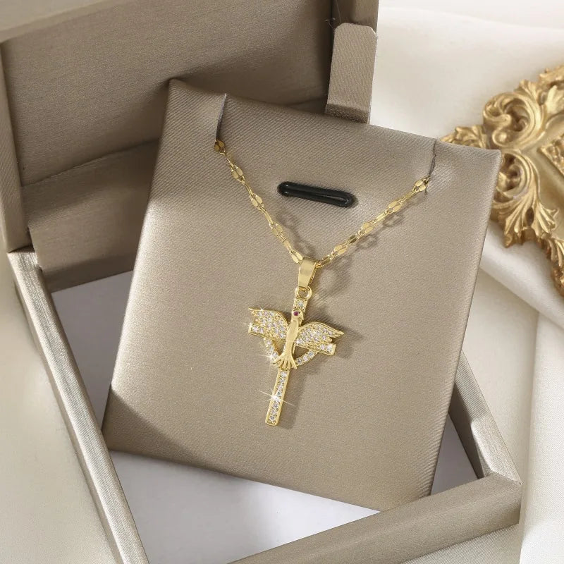 Phoenix Cross Gold Pendant Necklace – Stainless Steel Chain