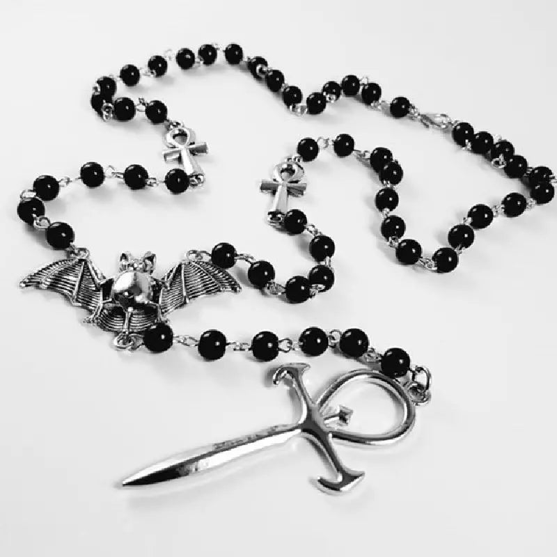 Vintage Gothic Vampire Bat Rosary Cross Pendant Necklace Unisex