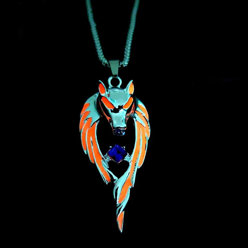 Glow in the Dark Wolf Pendant Necklace | Gothic Punk Steel Chain Pendant Necklace Nixie