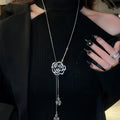 Black Rose Flower Long Pendant Necklace | Crystal Sweater Chain Pendant Necklace Nixie rose