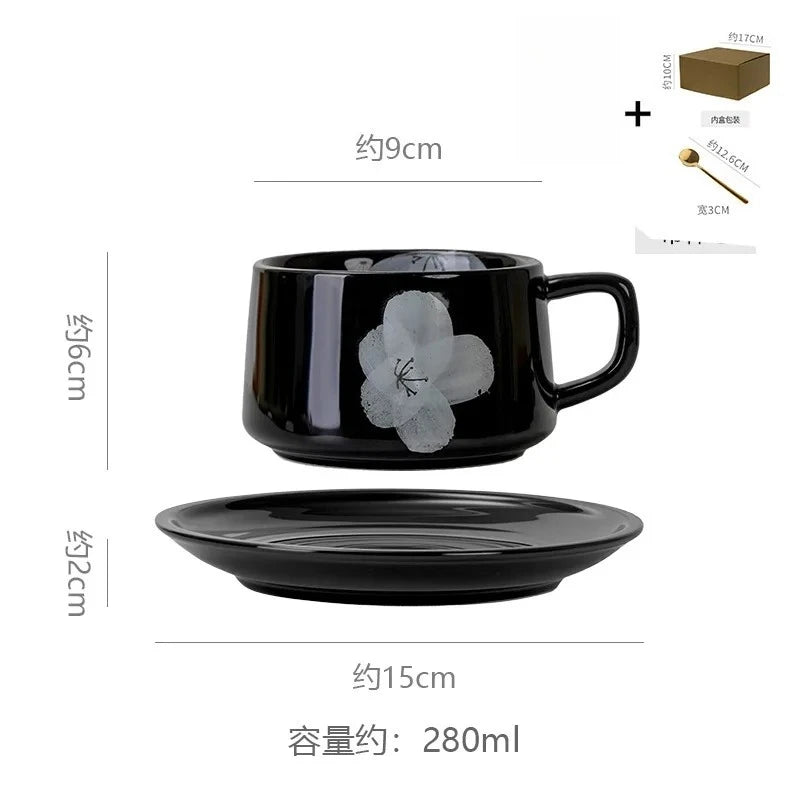 Japanese Retro Floral Ceramic Coffee Cup & Saucer Set Ceramic Coffee Mug Set Nixie 201-300ml black
