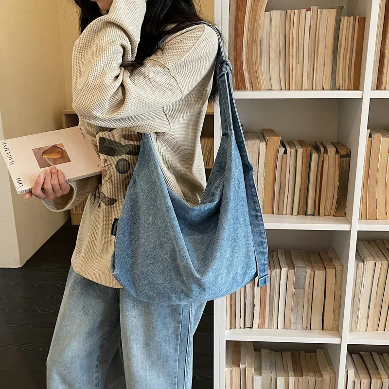 Large-Capacity Denim Shoulder Tote Bag for Women Denim Shoulder Tote Nixie Blue