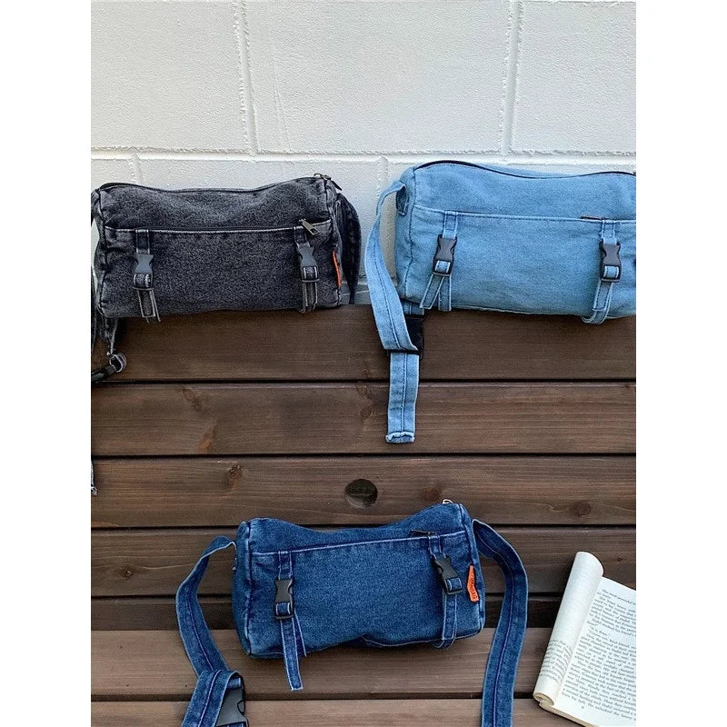 Washed Denim Canvas Cylinder Crossbody Bag for Women Crossbody Cylinder Bag Nixie
