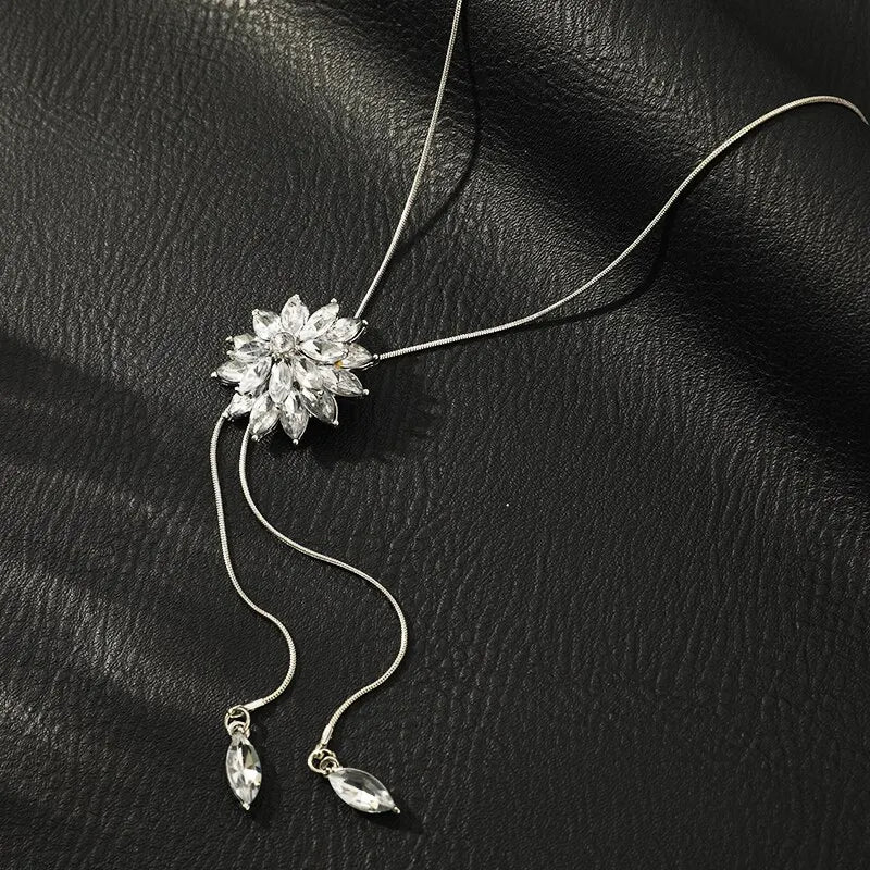 Luxury Tassel Crystal Flower Long Pendant Necklace for Women