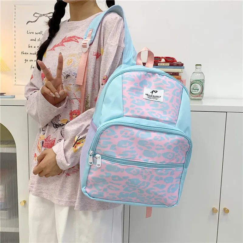 Korean Leopard Print Backpack – Cute Color-Block Women's Bag
