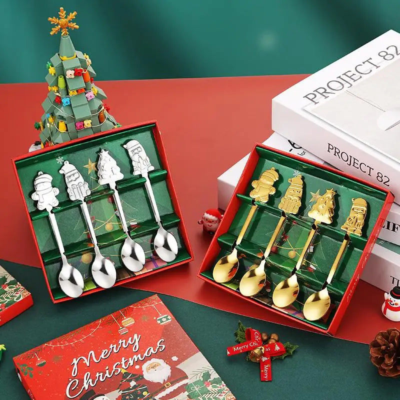 Christmas Stainless Steel Spoon Set 4Pcs – Santa Snowman Tree Holiday Spoon Set Nixie