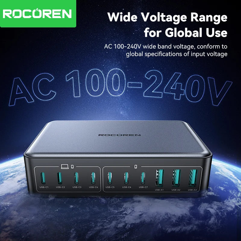 Rocoren 400W GaN Charging Station 10-Port USB-C & USB-A Hub Desktop Charging Station Nixie