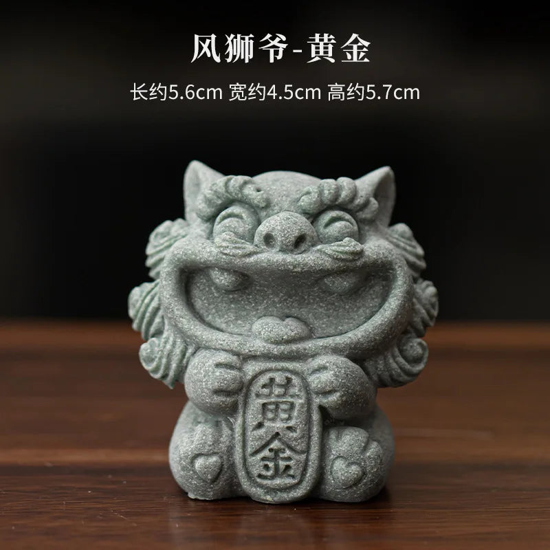 Green Sandstone Lion Tea Pet Ceramic Figurine | Tea Ornament
