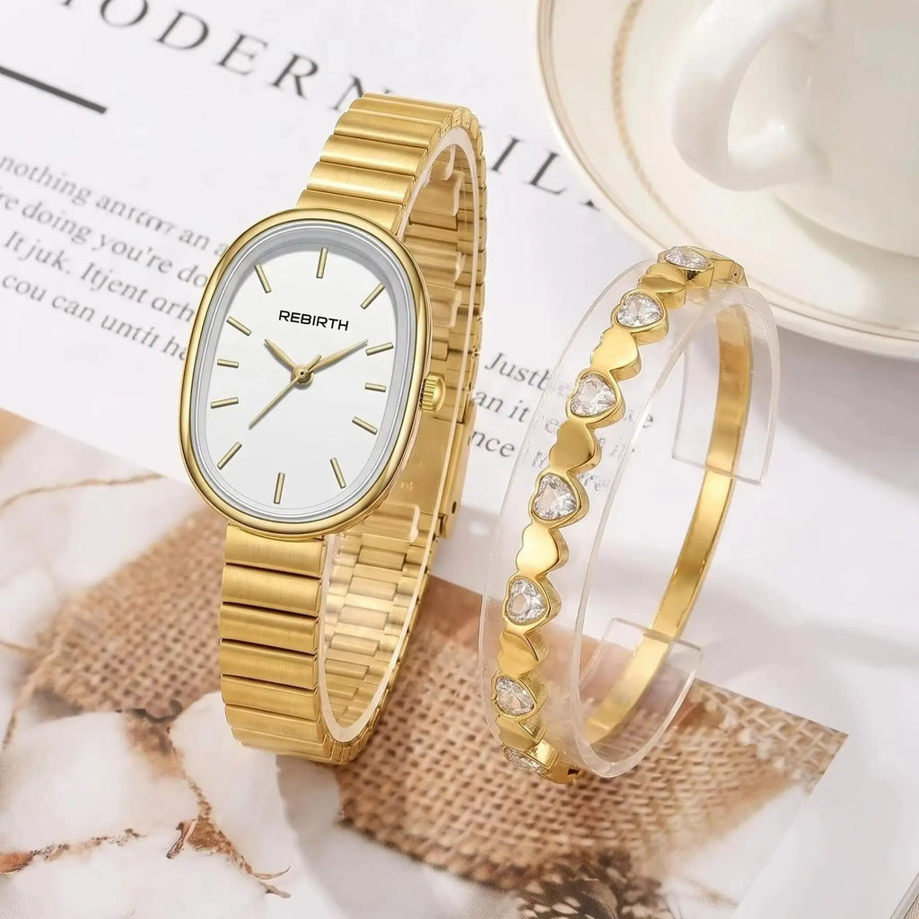 Women's Gold Watch & Bracelet Set – 2-Piece Quartz Fashion Women's Watch Set Nixie
