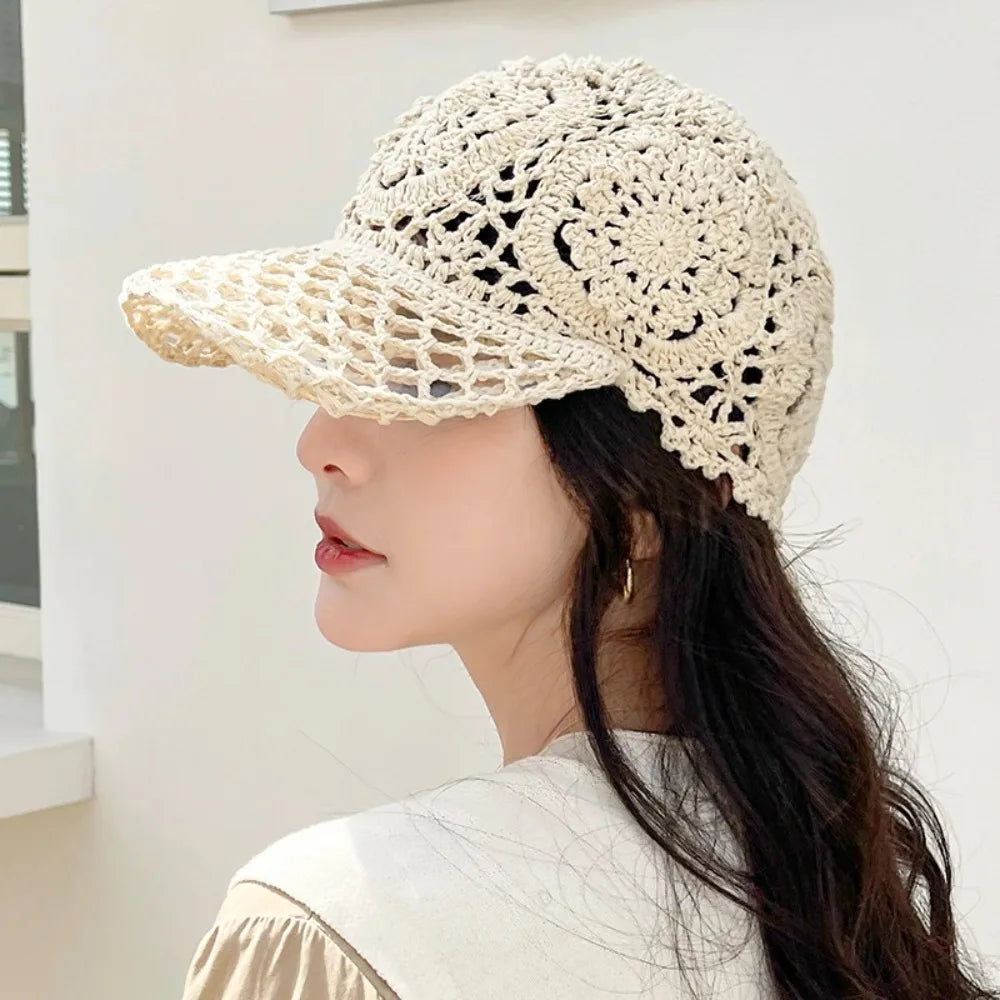 Crochet Hollow Floral Visor Cap – Unisex Adjustable Sun Hat