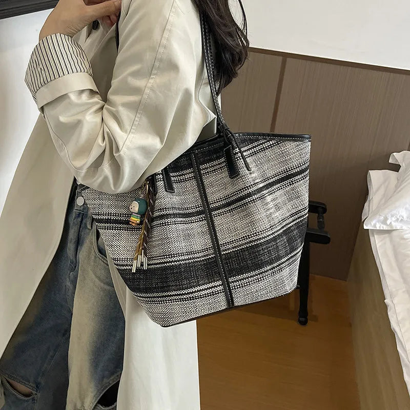 Large-Capacity Striped Canvas Tote Bag – Women's Shoulder Bag Canvas Tote Bag Nixie