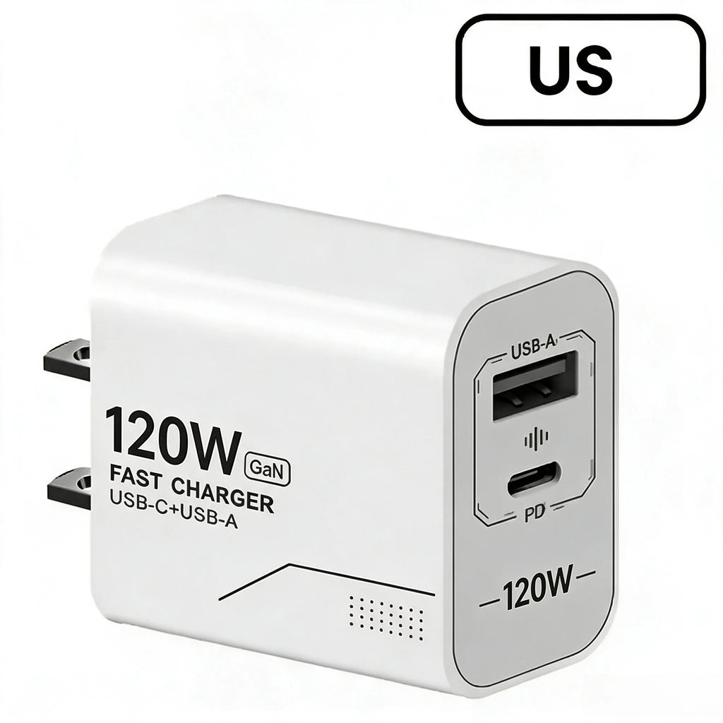 120W GaN 2-Port USB-C PD Fast Wall Charger – US & EU Plug GaN Wall Charger Nixie US